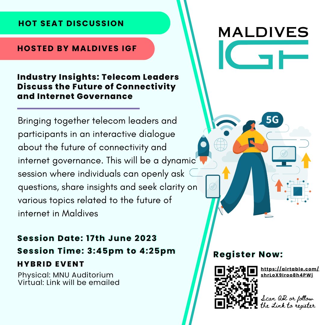 Delve into the future of connectivity and Internet Governance in Maldives! Join telecom leaders and industry experts for an engaging session. Ask questions, share insights, and shape the path towards a connected future! 
Register Now: airtable.com/shrLoX9Iroo8h4…
#mvigf2023