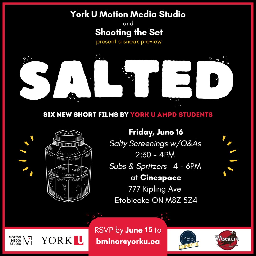 York U Motion Media Studio (@yorkmotion) on Twitter photo FRIDAY! RSVP's for our screening of SALTED end Thursday June 15th @3pm. Email bminor@yorku.ca to reserve your seat now! #YUMMS <a href="/YorkuAMPD/">York U AMPD</a> <a href="/YorkUCMA/">Dept. of Cinema and Media Arts, York University</a> <a href="/CEWILCanada/">CEWIL Canada</a> #CinespaceStudios <a href="/punkfilmsnow/">pUNK Films Inc.</a> #celebrate #showcase #screening #student #films #experience #greenscreen FRIDAY! RSVP's for our screening of SALTED end Thursday June 15th @3pm. Email bminor@yorku.ca to reserve your seat now! #YUMMS <a href="/YorkuAMPD/">York U AMPD</a> <a href="/YorkUCMA/">Dept. of Cinema and Media Arts, York University</a> <a href="/CEWILCanada/">CEWIL Canada</a> #CinespaceStudios <a href="/punkfilmsnow/">pUNK Films Inc.</a> #celebrate #showcase #screening #student #films #experience #greenscreen