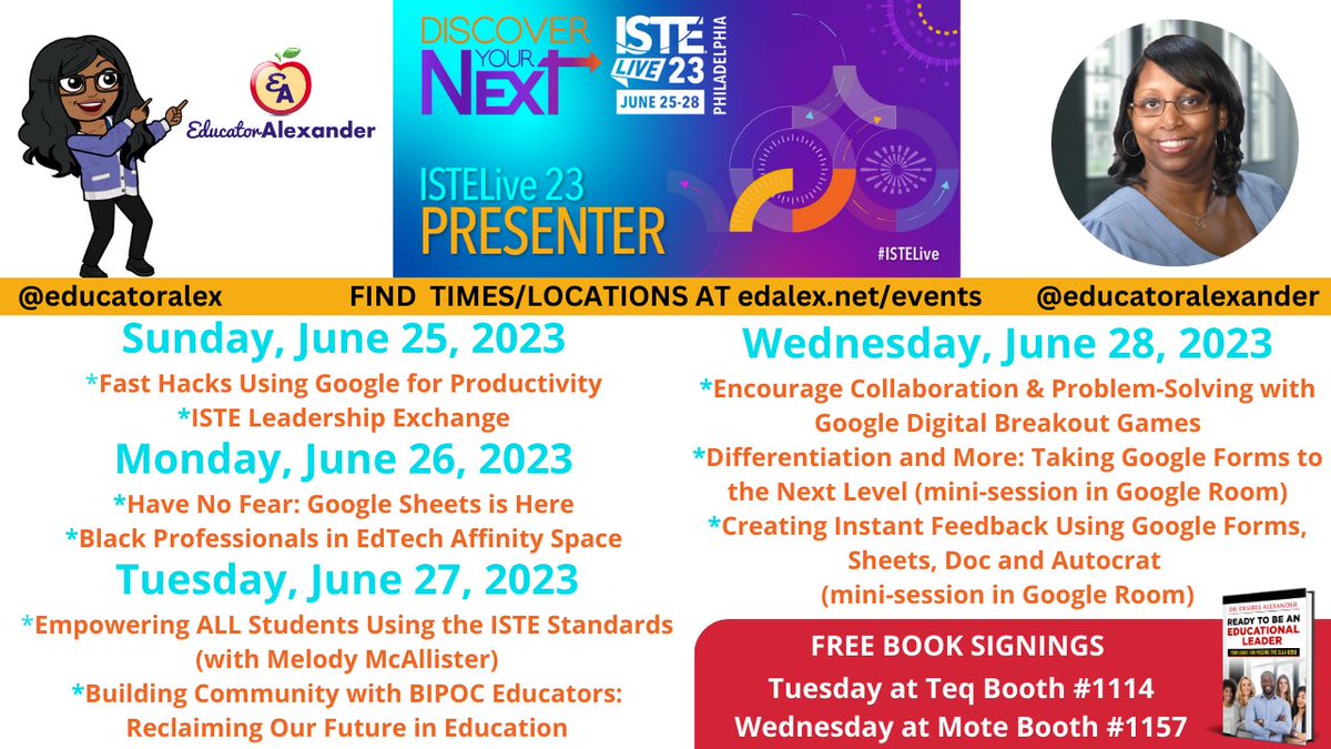 RT @educatoralex: 🤩Going to #ISTELive?

🙋🏽‍♀️SEE YOU THERE!

🌟We are presenting!
 
#ISTELive23 #ISTE23 #education #classroom #edtech #K12 #teachers #googleedu @nearpod @Flocabulary @justmoteHQ @OTIS4educators #GoogleEI #GoogleET #GEG #EdChat #EdLeaders #…