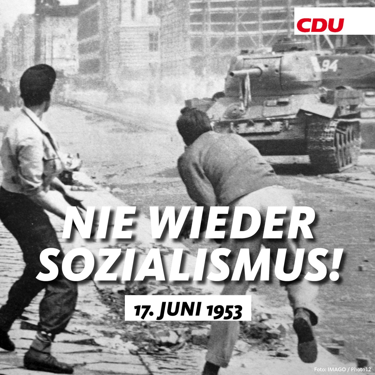 Heute gedenken wir der Opfer sozialistischer Gewaltherrschaft. Wir verneigen uns vor den mutigen Bürgerinnen und Bürgern, die sich am 17. Juni 1953 in Ost-Berlin und überall in der DDR gegen die #SED-Tyrannei erhoben haben. Für uns als #CDU ist klar: Nie wieder #Sozialismus!