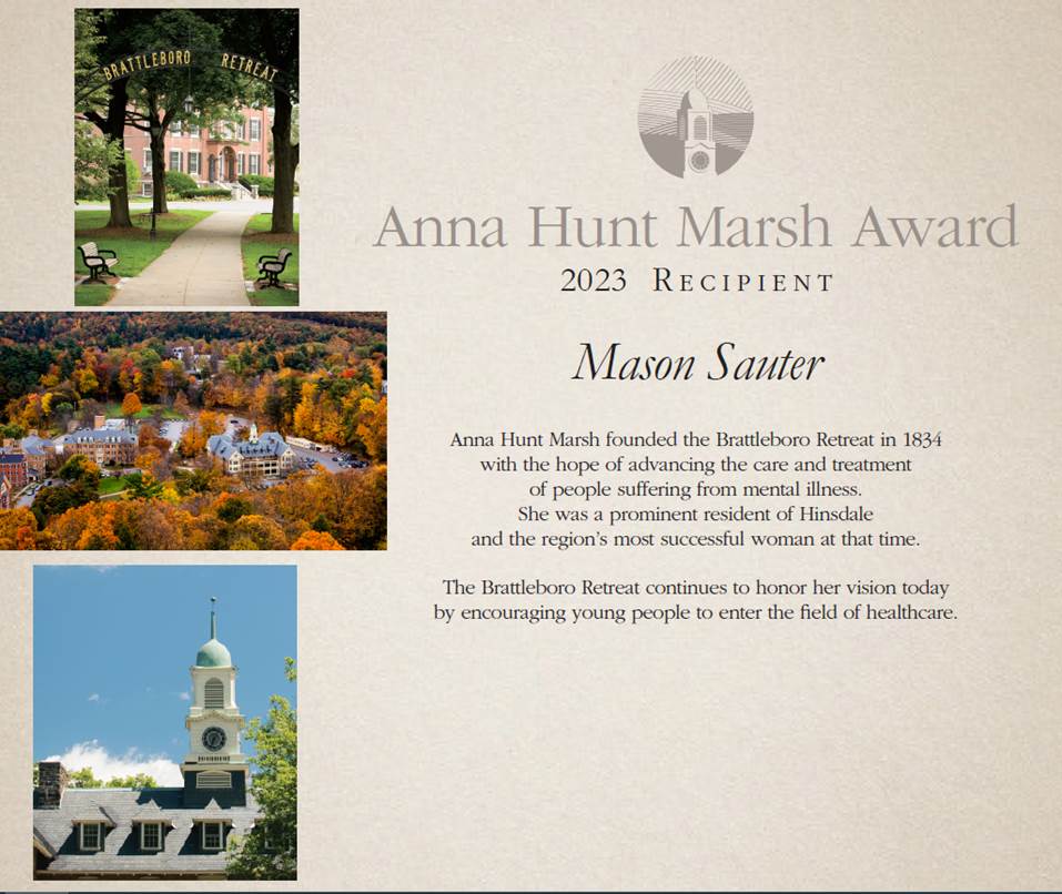 Congratulations to this year's Anna Hunt Marsh Scholarship recipient, Mason Sauter!
Sauter has served as a junior firefighter with the Hinsdale Fire Department and an EMS apprentice with Rescue Inc. in Brattleboro. He is headed to medical school in the fall. Good luck, Mason!