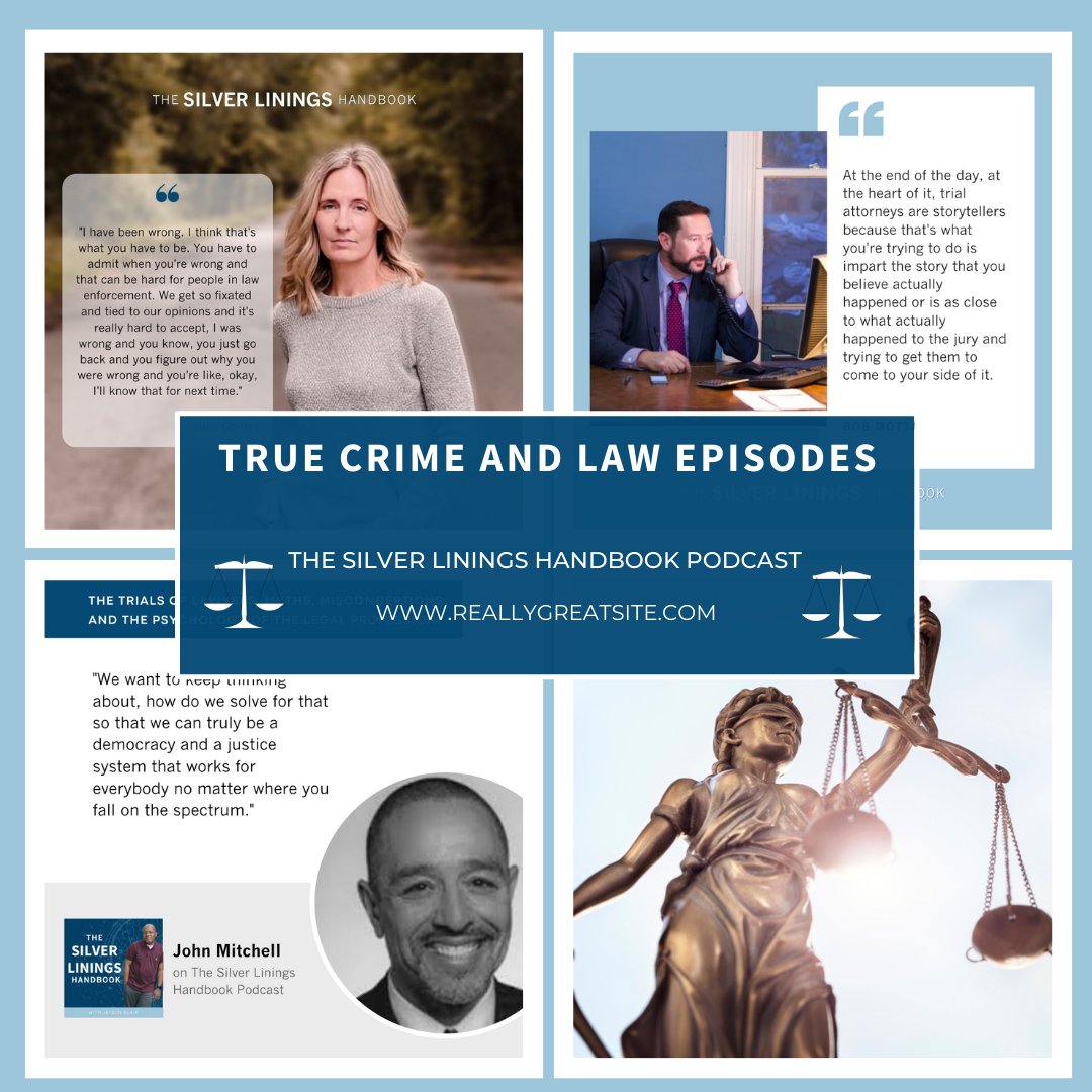Check out our collection of true crime, law & justice episodes with former FBI Profiler & host of @theconsultpod Julia Cowley, defense attorney &  @defense_diaries host Bob Motta & attorney &  @ThePurpleCoach John Mitchell (with links to their podcasts!)

silverliningshandbook.com/2023/06/14/law…