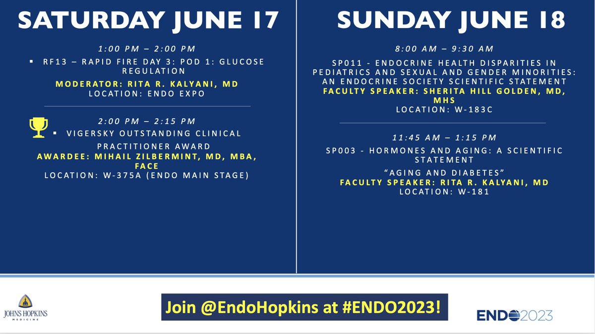 Division of Endocrinology (@endohopkins) on Twitter photo 🗓️Day 3 of #ENDO2023! Come join <a href="/EndoHopkins/">Division of Endocrinology</a> at these sessions to hear from Dr. Rita Kalyani and celebrate Dr. <a href="/zilbermint/">Mihail "Misha" Zilbermint, MD, MBA</a> receiving his award for Outstanding Clinical Practitioner! 🥳<a href="/TheEndoSociety/">Endocrine Society</a> #EndoTwitter 🗓️Day 3 of #ENDO2023! Come join <a href="/EndoHopkins/">Division of Endocrinology</a> at these sessions to hear from Dr. Rita Kalyani and celebrate Dr. <a href="/zilbermint/">Mihail "Misha" Zilbermint, MD, MBA</a> receiving his award for Outstanding Clinical Practitioner! 🥳<a href="/TheEndoSociety/">Endocrine Society</a> #EndoTwitter