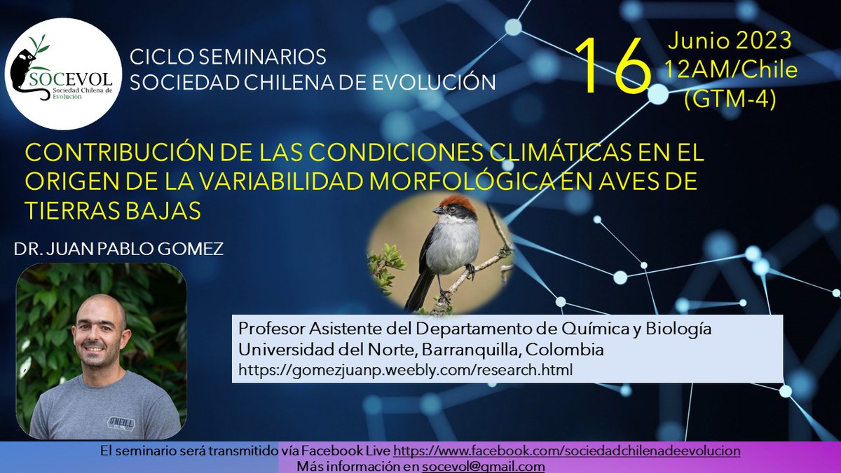🐦🦉Mañana Viernes a las 12:00 hrs 
vía online en el Facebook de la SOCEVOL no se pueden perder al Dr. Juan Pablo Gómez con una charla muy interesante con Aves de Tierras Bajas, combinando comportamiento, genetica poblaciones y filogenia🧬
nos vemos aquí: facebook.com/sociedadchilen…