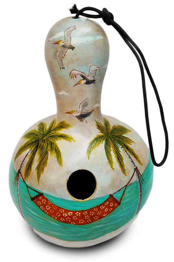 What kind of birdhouses have you been making? We love this beach scene that Gloria Nobrega painted onto hers! 🌴🏄‍♀️ #beachscene #birdhouse #bottlegourd