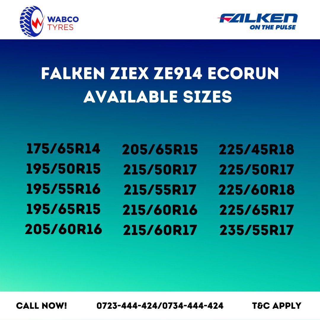 Performance and Comfort!

Upgrade your drive with Falken Ziex ZE914 at any @WabcoTyreskenya Branch, and get FREE @mojaexpressway Toll Voucher worth up to 3,000 bob!

#WabcoTyres #Falkenkenya #Onroad #Ziex #Ze914ecorun #Tollpoints #HassleFreeDriving #Expressbilastress #partnership
