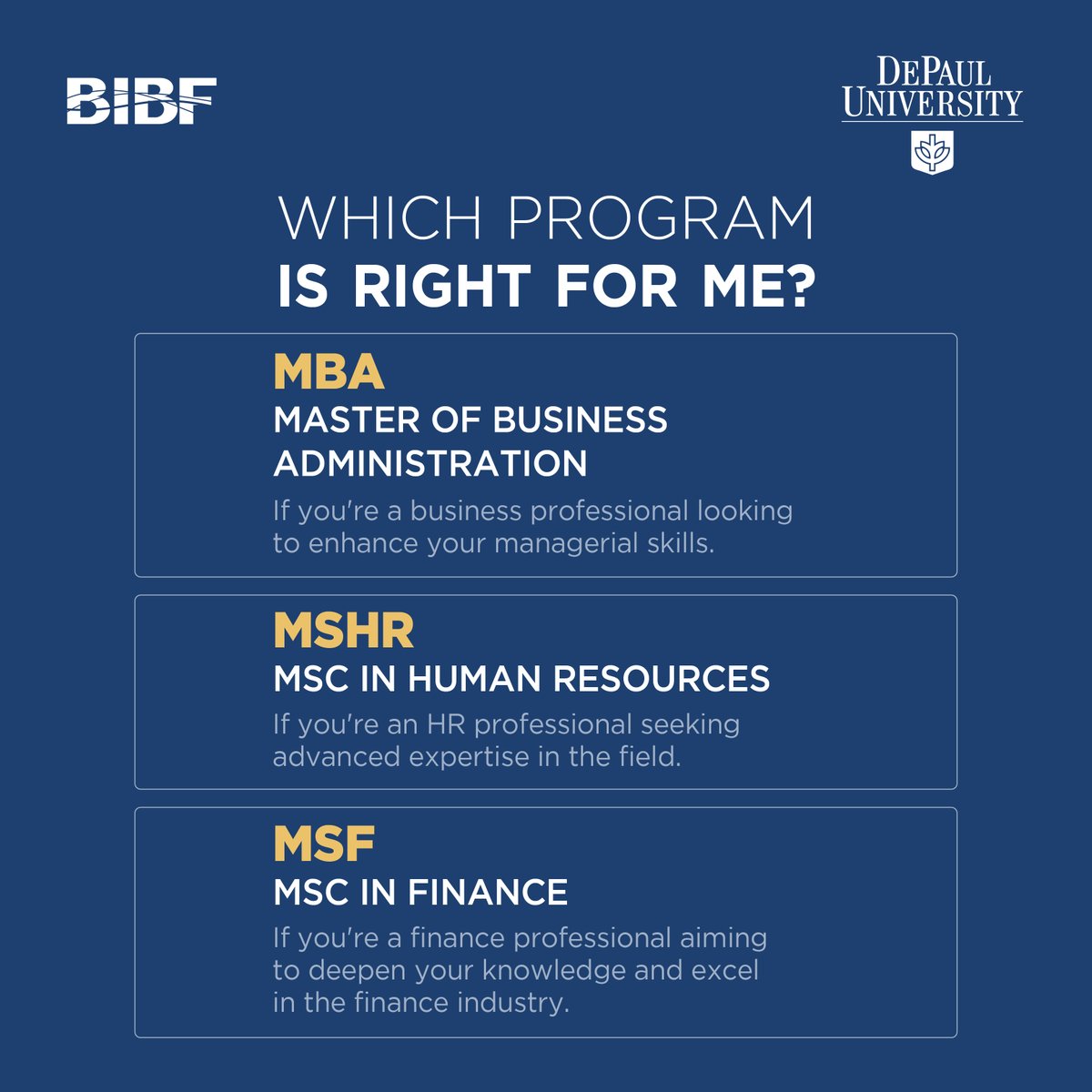 TheBIBF's tweet photo. Achieve your Master's Degree from DePaul University of Chicago (@depaulu) and develop skills and knowledge to progress in your career!

Visit https://t.co/GiiBUrD9m8 to start your journey today.

#BIBFAcademics #BIBFPostgraduates #MSHR #BIBF #DePaul https://t.co/kzRvbYf1Bz