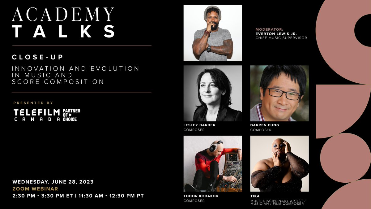 TheCdnAcademy's tweet image. Our #AcademyTalks Close-Up panel, presented by @Telefilm_Canada "Innovation &amp;amp; Evolution in Music &amp;amp; Score Composition," will explore emerging trends and techniques to produce innovative and distinctive scores.

Meet our panelists below ⬇️
Reserve your spot: bit.ly/AcademyTalksMu…