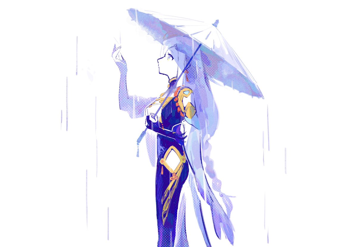 shenhe (genshin impact) 1girl solo long hair umbrella braid rain holding  illustration images