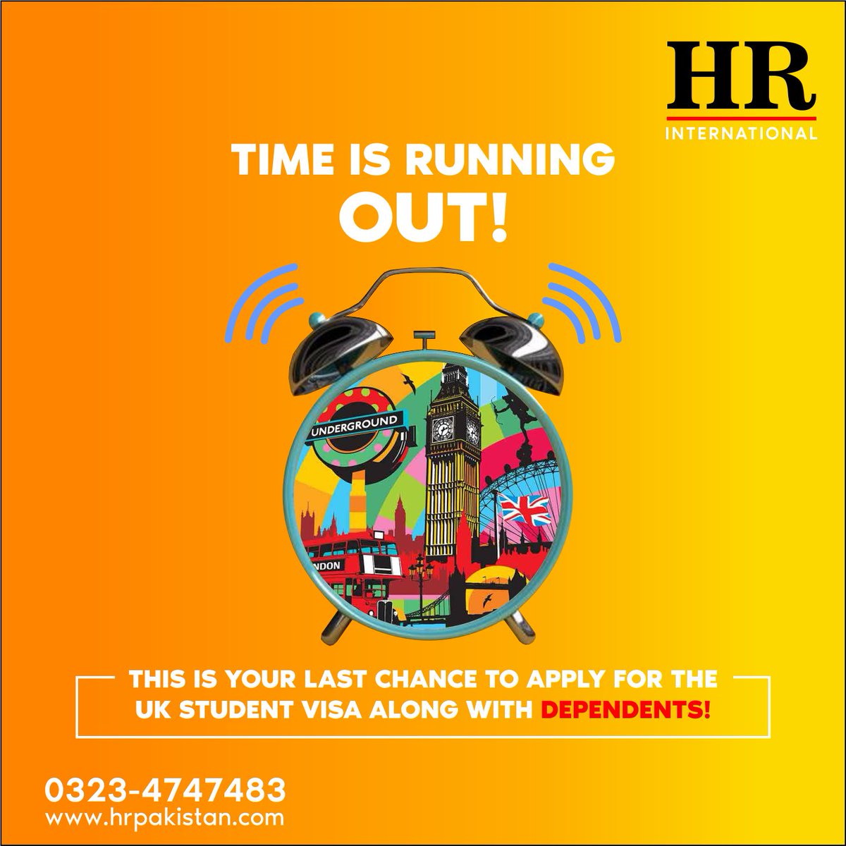 Time is Running Out! ⏰ 

This is your last chance to apply for UK student visa, along with dependents!

Get in touch with HR now!

📱Islamabad Office: +92 323 4747439
📱Lahore Office: +92 322 5757803
📱Karachi Office: +92 323 4747483
🧑‍💻 hrpakistan.com