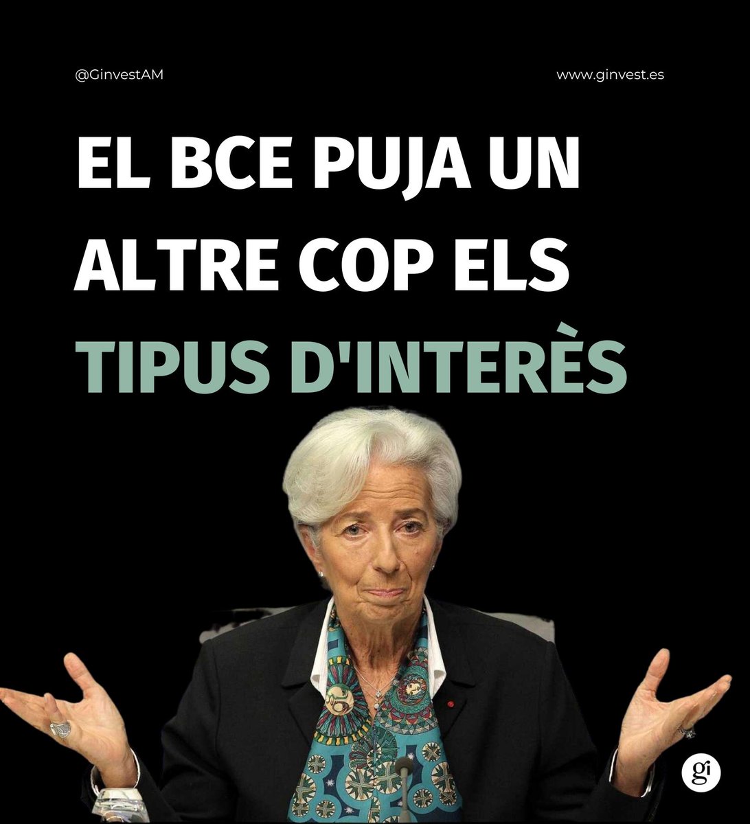 GinvestAM's tweet photo. El BCE puja els tipus d’interès 25 punts bàsics

És el vuitè cop consecutiu i el nivell més alt des d’octubre de 2008. 

La inflació segueix per sobre del 2% i és possible que tornin a pujar tipus al juliol. https://t.co/Uu552GOH6V