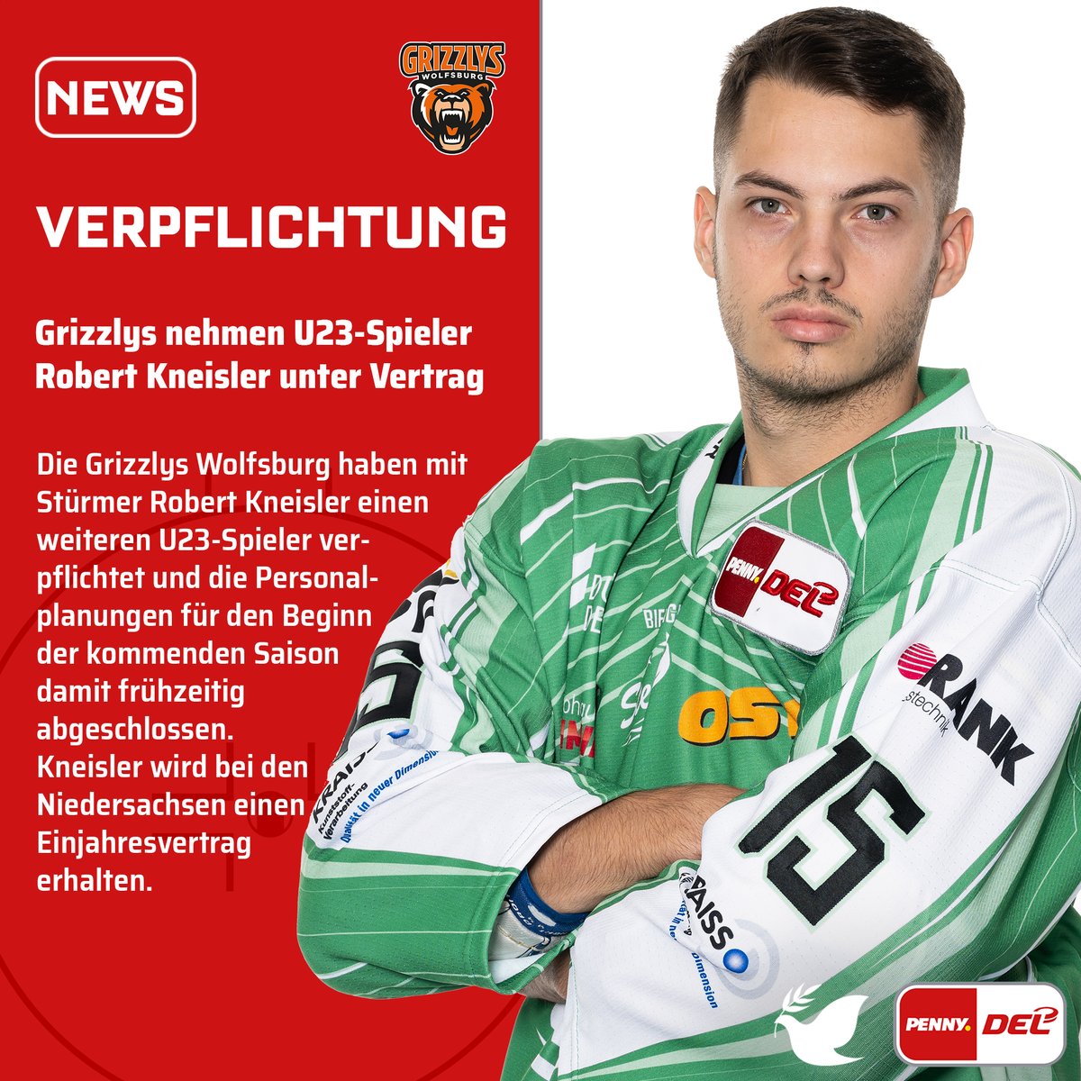 Die @grizzlys_wob haben mit Stürmer Robert Kneisler einen weiteren U23-Spieler verpflichtet und die Personalplanungen für den Beginn der kommenden Saison damit frühzeitig abgeschlossen. Kneisler wird bei den Niedersachsen einen Einjahresvertrag erhalten. #PENNYDEL