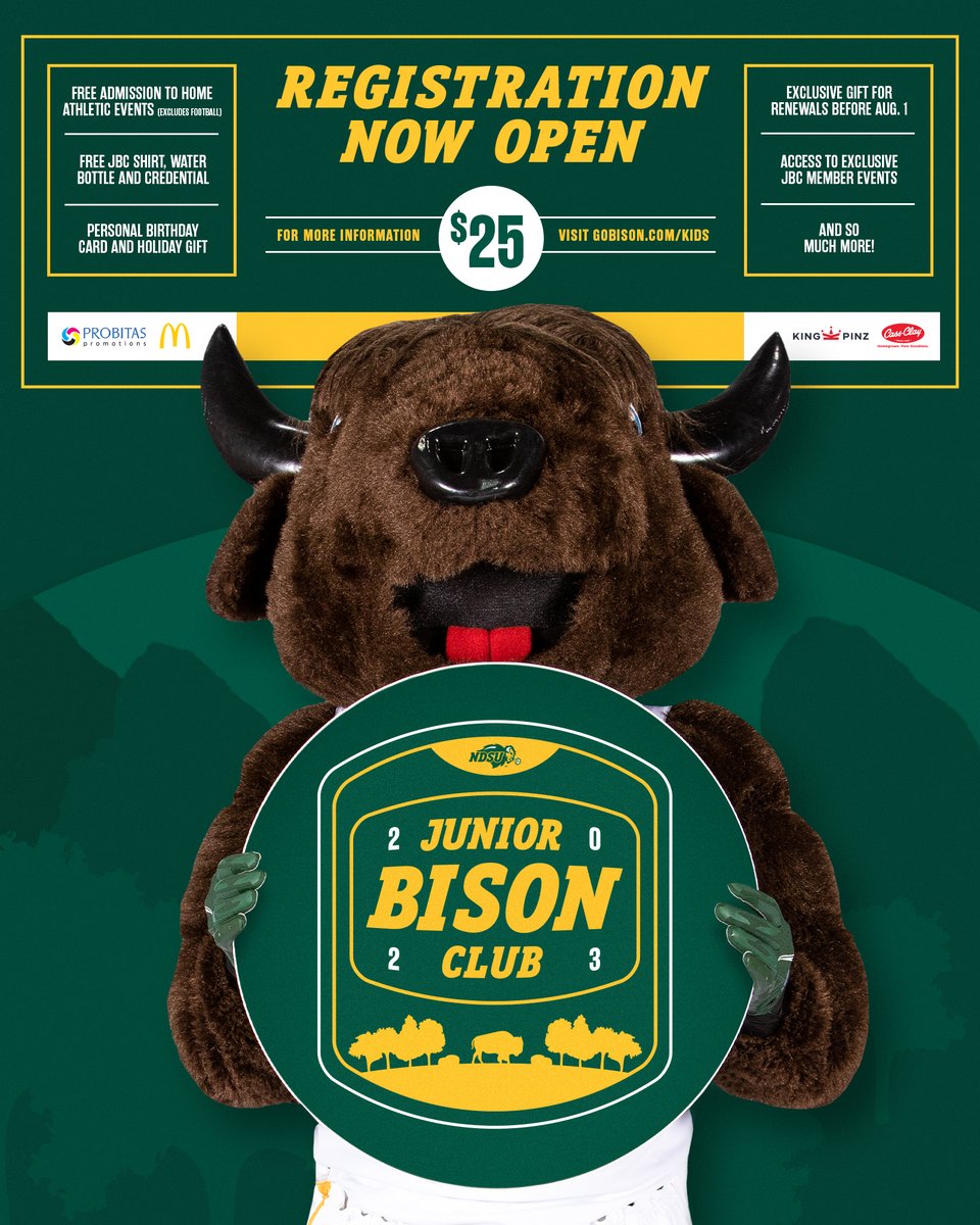 Thundar wants you to know that 𝐉𝐮𝐧𝐢𝐨𝐫 𝐁𝐢𝐬𝐨𝐧 𝐂𝐥𝐮𝐛 𝐫𝐞𝐠𝐢𝐬𝐭𝐫𝐚𝐭𝐢𝐨𝐧 𝐢𝐬 𝐧𝐨𝐰 𝐎𝐏𝐄𝐍❗️❗️❗️

$25 for entry into all Bison home events! (excluding football)

𝙎𝙞𝙜𝙣 𝙪𝙥 ➡️ GoBison.com/kids