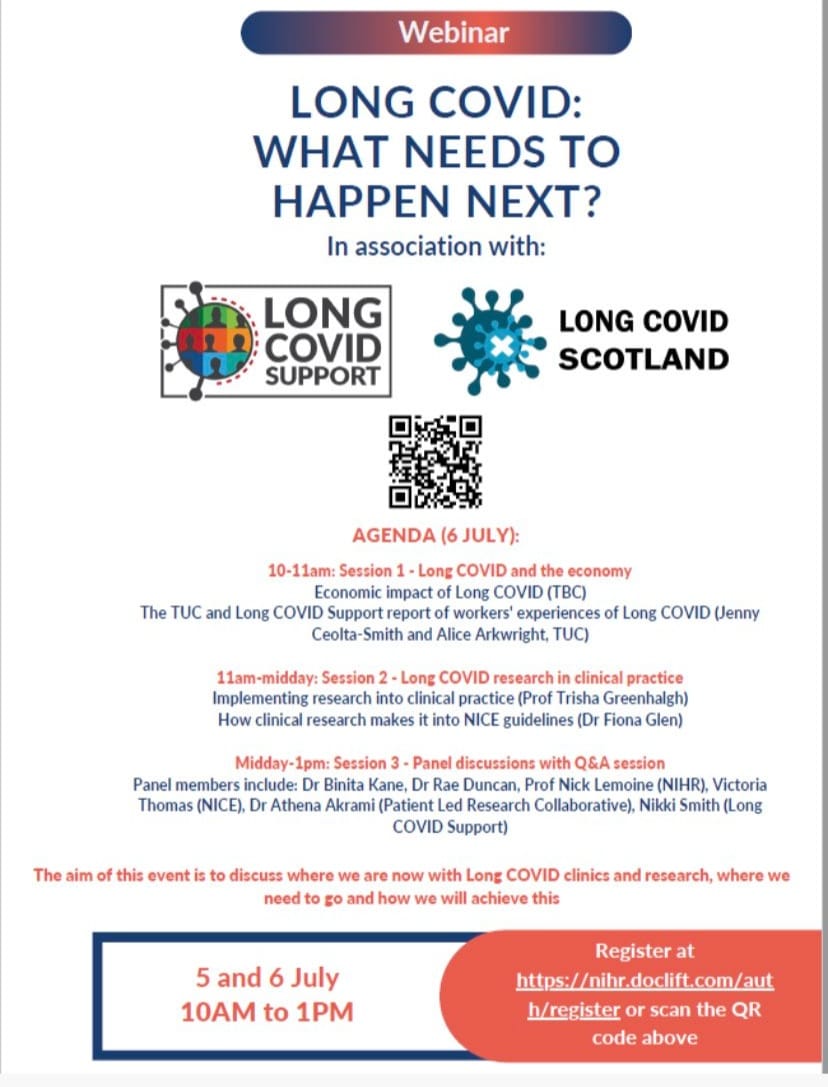 Long Covid Support 🌍 (@long_covid) on Twitter photo Long Covid Support, in collaboration with <a href="/LongCovidScot/">Long Covid Scotland 🏴</a> & @NIHRCRN_nthames are excited to invite everyone to our 2-day webinar:
Long Covid: What needs to happen next?
5 & 6 July (1000-1300 BST).
Register now at nihr.doclift.com/auth/register
#LongCovid
#LongCovidAwareness Long Covid Support, in collaboration with <a href="/LongCovidScot/">Long Covid Scotland 🏴</a> & @NIHRCRN_nthames are excited to invite everyone to our 2-day webinar:
Long Covid: What needs to happen next?
5 & 6 July (1000-1300 BST).
Register now at nihr.doclift.com/auth/register
#LongCovid
#LongCovidAwareness