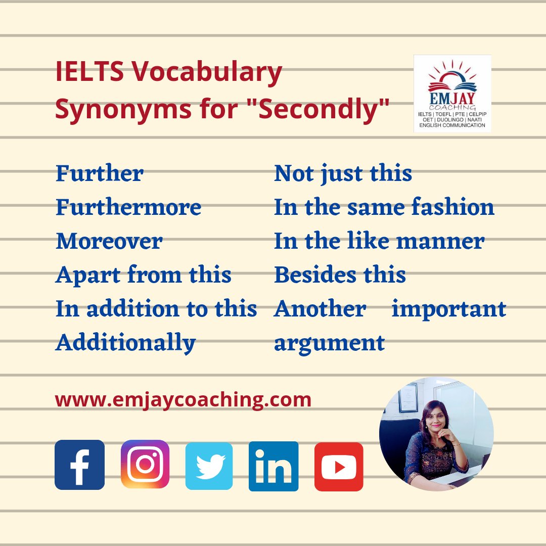 🏆Use these words to replace the  connector, 'Secondly'.

🏆 Transition Words play a crucial role in scoring high in IELTS, PTE, TOEFL or any other English Language Proficiency Exam!

#ielts #ieltspreparation #ieltsspeaking #ieltsvocabulary #ieltstips #ieltswriting #ieltsexam