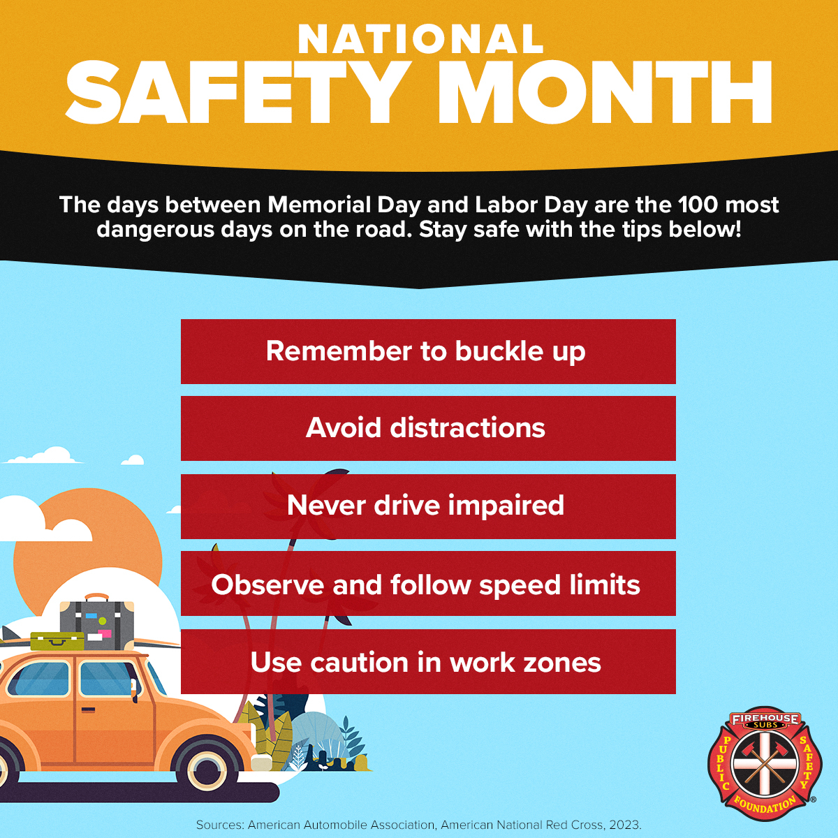 June is National Safety Month! With summer rolling in and more drivers hitting the road, make safety a top priority. Keep these tips in mind to ensure you and your loved ones have a safe and enjoyable time on the road. 🚗