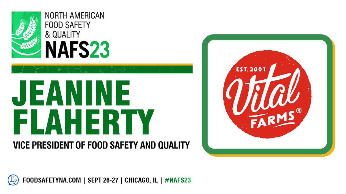 👥 We're looking forward to having Jeanine Flaherty, Vice President of Food Safety and Quality at @vitalfarms, join #NAFS23 for an insightful panel discussion! 

Learn more here ➡️ foodsafetyna.com/speakers

#NAFS #FoodSafety #FoodQuality #FoodIndustry #QualityAssurance