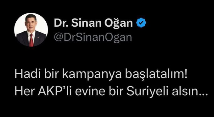 Sinan Oğan !

Yeni bir AKP li olarak evine kaç suriyeli aldın?

@DrSinanOgan  cevap verene kadar paylaşalım dostlar.