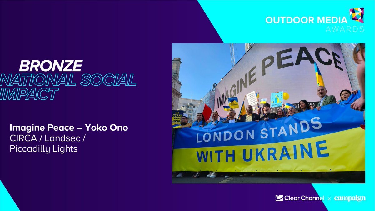 Bronze for the National Social Impact Award has been won by Yoko Ono for their ‘Imagine Peace’ campaign. Congratulations @YokoOno @circa__art @LandsecGroup @PicLights 🏆 #OMA2023 #OOH #Awards #MakeSpaceOnTheShelf