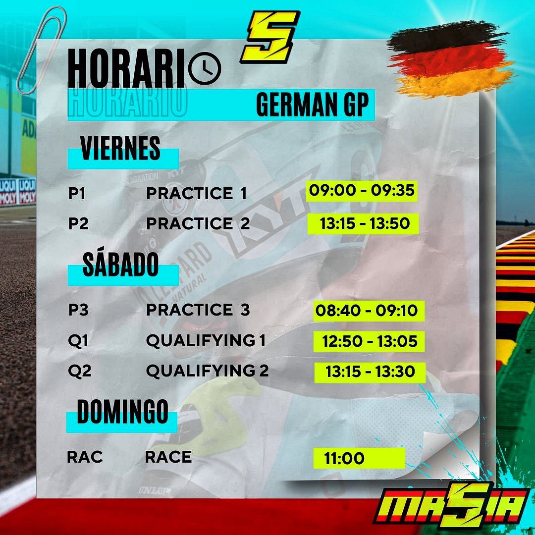 fanclubJMV5's tweet image. ¡Os dejamos con el horario del fin de semana para el #GermanGP 🇩🇪!
¡Todo listo para que arranque la séptima prueba del año!⏰ #Round07
-

#JaumeMasia5 #JaumeMasia #JM5 #JMV5 #Masia5 #Ma5ia #FanclubJMV5 #Motor #motorcycle #Racing #motorsport #leopard