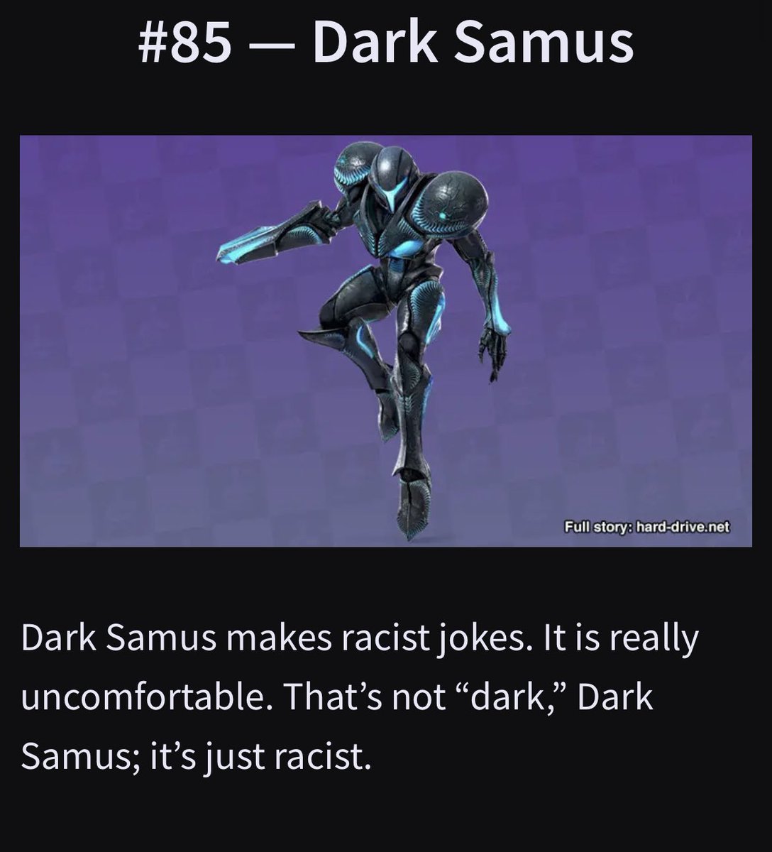 *smash bros announcer voice*

“RACIST SAMUS”