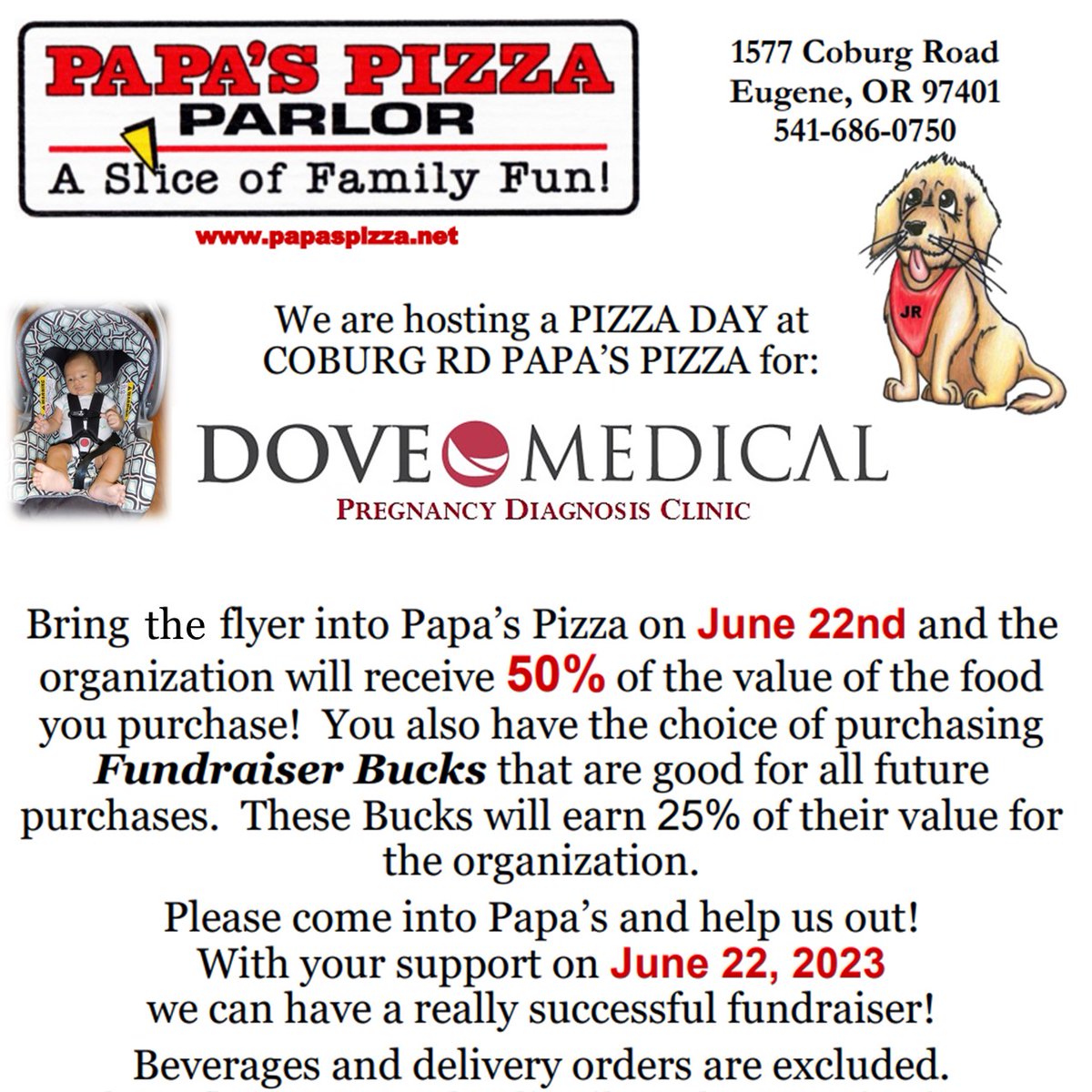 You can help Dove Medical raise funds for infant car seats given to our patients who participate in our prenatal class. 50% of your Papa's Pizza food purchase will go to Dove Medical on June 22. #pizzaday #carseats #pregnancydiagnosisclinic