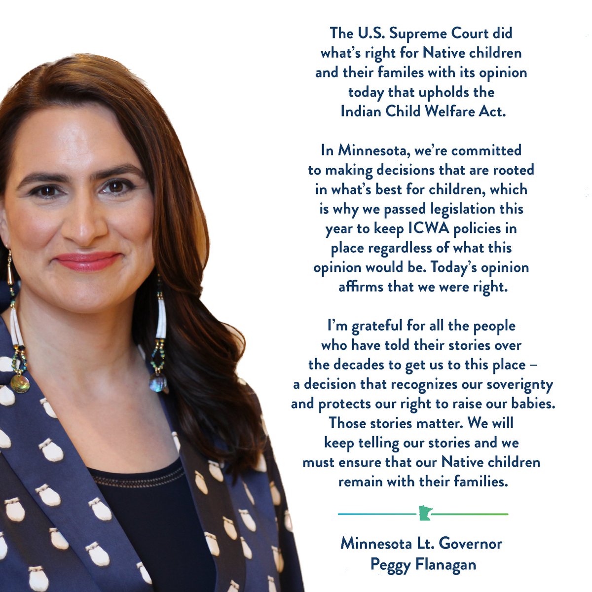 LtGovFlanagan's tweet photo. My full statement after the United States Supreme Court rejected the constitutional challenges to the Indian Child Welfare Act. #ICWA https://t.co/IpIujRDach