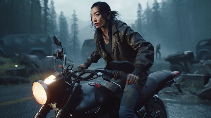 Rina Sawayama sits on a motorcycle with its headlight on pointing toward the left side of the image. Behind Rina are tall pine trees, abandoned vehicles in the road, and a silhouette of a Freaker from Days Gone on the right side off in the distance.