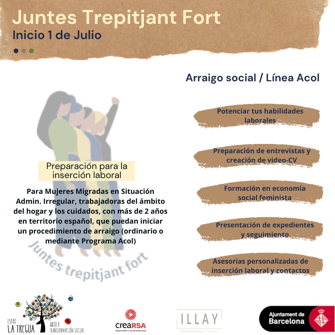 Espailatregua's tweet image. III Edición de "Juntas Pisando Fuerte"
👉🏿 Preparación práctica para la inserción laboral en #ESS   Acompañamos y vinculamos al grupo con entidades, preparamos documentación y presentamos las solicitudes de #arraigo ordinario o por #Acol   
Tienes dudas? -&amp;gt; info@espailatregua.com