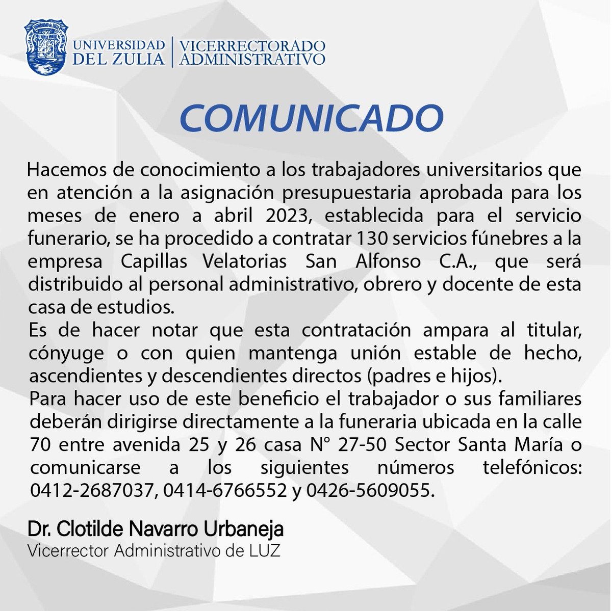 Hacemos de su conocimiento que cometimos un error involuntario al escribir los núm de contacto con la Capilla San Alfonso al momento de realizar el comunicado sobre la contratación del servicio funerario.
Este comunicado es el definitivo.
Lamentamos las molestias causadas.