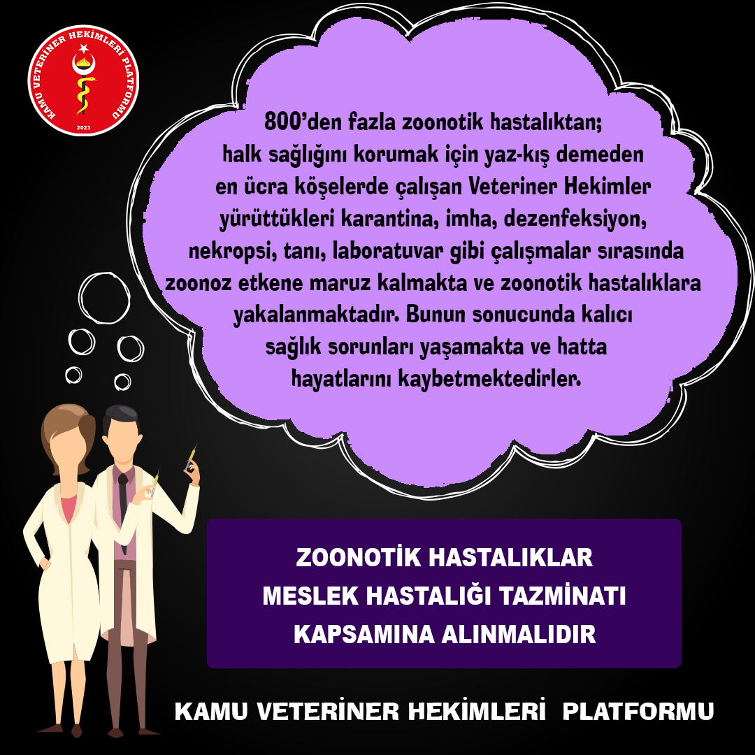 KamuVetHekimler's tweet photo. Zoonotik hastalıklar meslek hastalığı tazminatı kapsamına alınmalıdır.
#KamuVeterinerHekimiDuy https://t.co/HwyF3Soztc