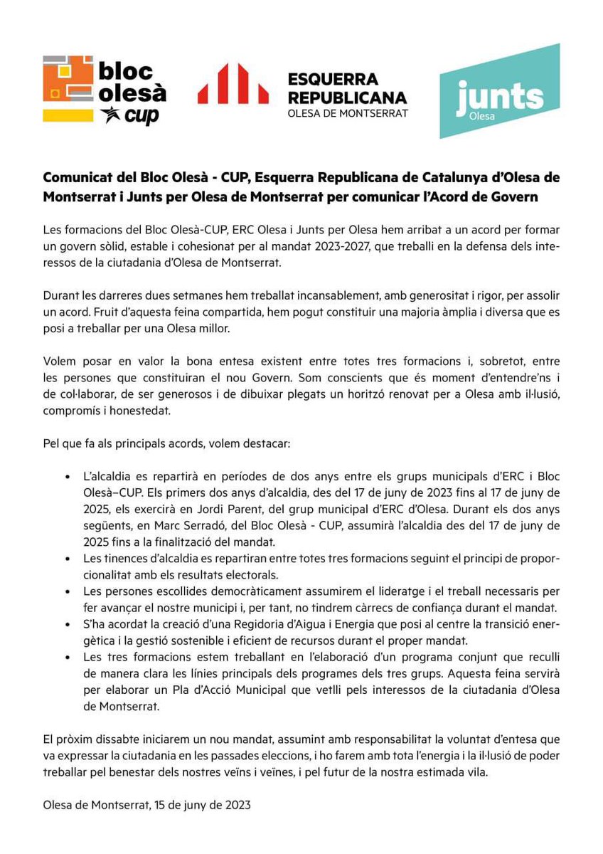 📣ANUNCI DE L’ACORD DE GOVERN ENTRE JUNTS PER OLESA, BLOC OLESÀ - CUP i ERC OLESA.

#HiSom