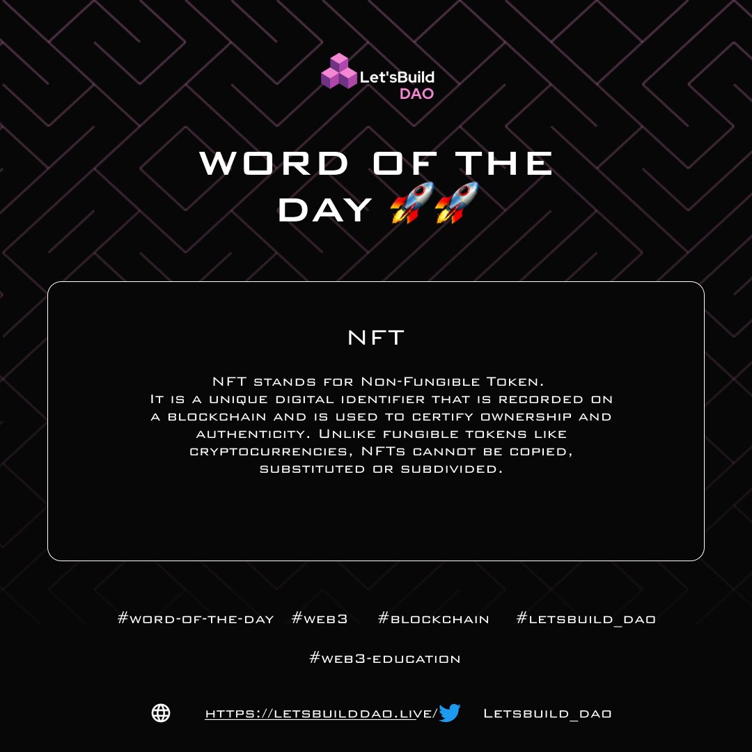 Today's word is ' Non Fungible Token(NFT)..

Here's a simple definition of what an NFT is🧩

#NFT #Web3 #WordOfTheDay #CryptoTwitter #Crypto