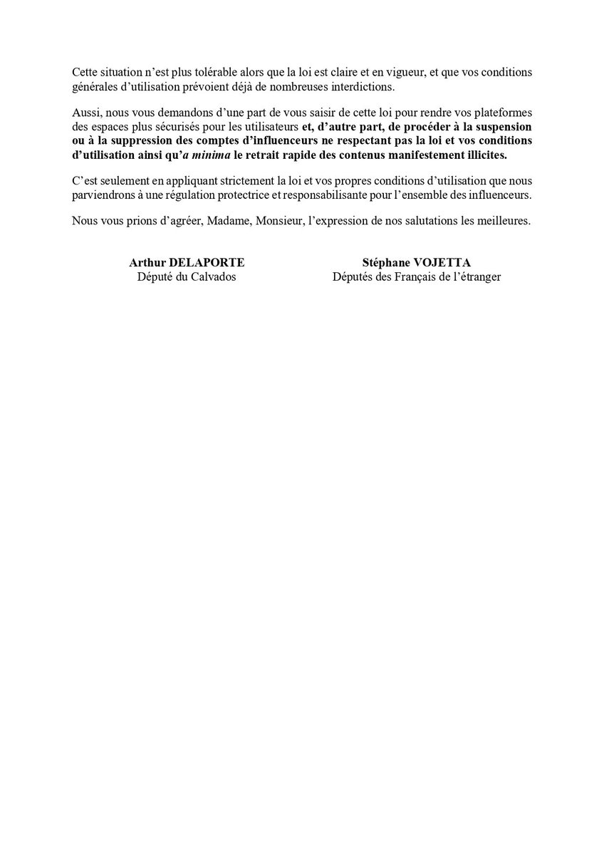 StephaneVojetta's tweet photo. 👉 Avec @ArthurDelaporte nous saisissons @MetaFrance @Snapchat @tiktok_France pour demander aux plateformes d'appliquer la loi influenceurs sans délai. 

⭕ Un contenu illicite ? Les plateformes doivent suspendre ou supprimer les comptes. 

Tous ensemble, appliquons la loi. 💪🏿 https://t.co/u9RYZih0Qw
