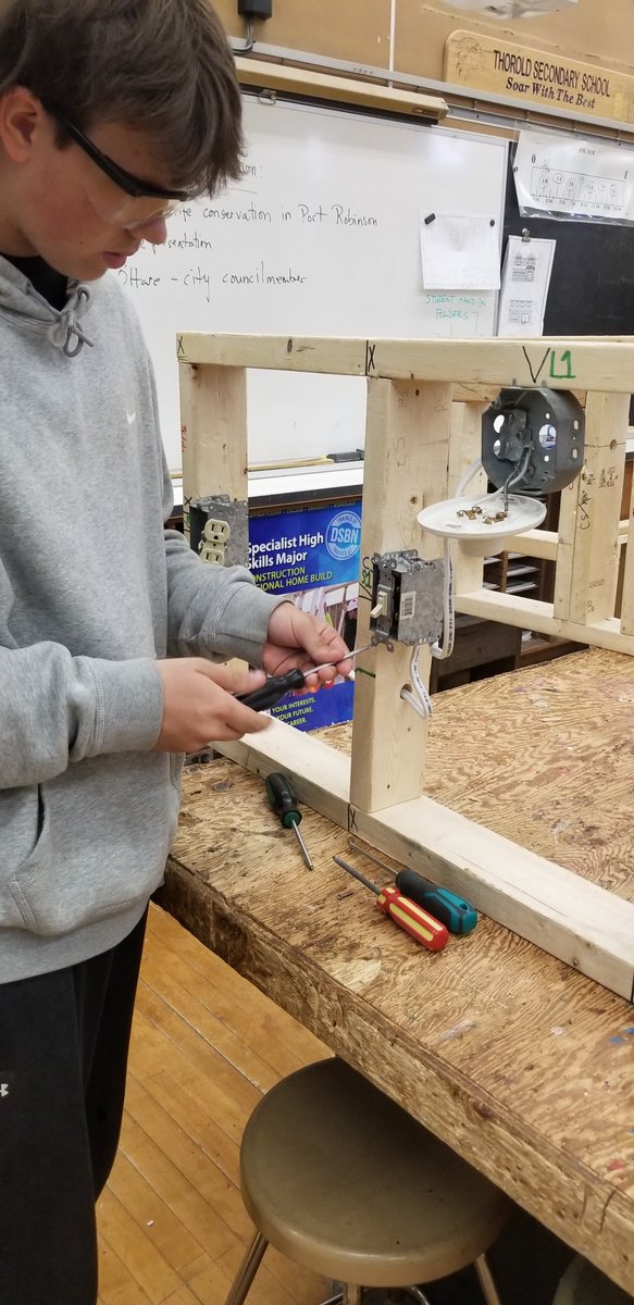 TechThorold's tweet photo. Thorold Secondary Construction students completed and tested  electrical circuits on their framed walls today. Ready to start an
apprenticeship! https://t.co/urypel1mTD