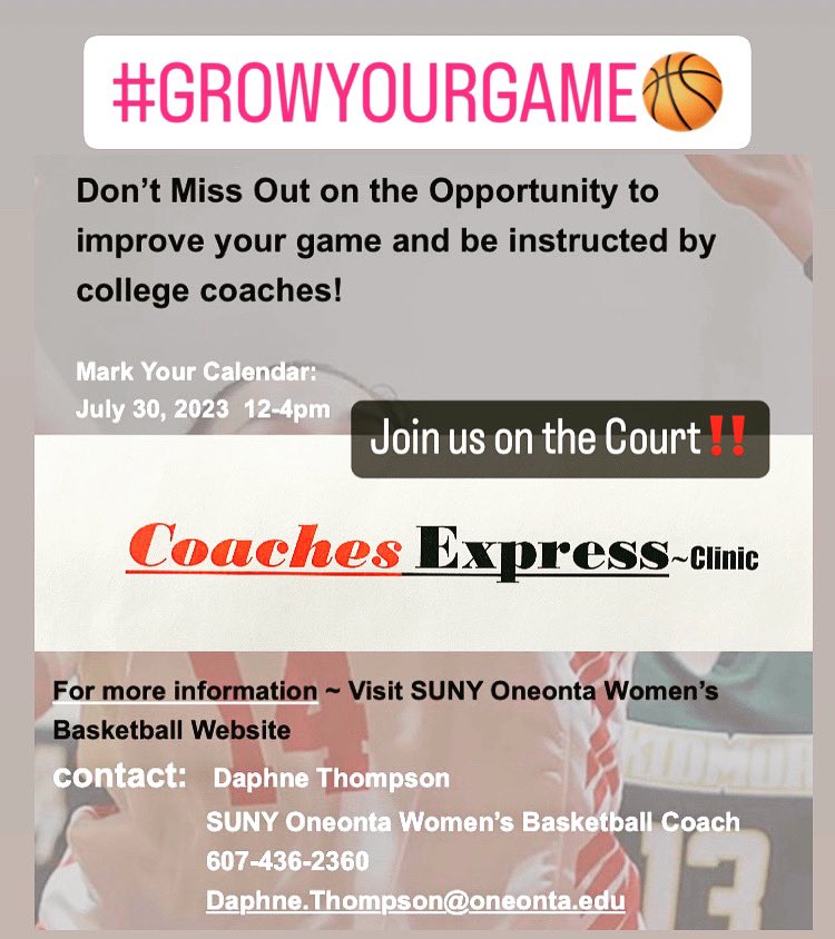 CoachD_Thompson's tweet photo. Mark your calendar 
2023 Coaches Express Clinic
https://t.co/fKX0FSQMRm
Programs joining us
MSM @coach_ames22 
Cobleskill 
William Smith
@FredoniaWHoops 
Alfred @Moskowitz21 
Univ of Rochester
@NateLull @Gregg_flynn 
@twintierelite
@LI_Renegades
@OState_WBB @RedDragonSports https://t.co/SqpUN0XpDW