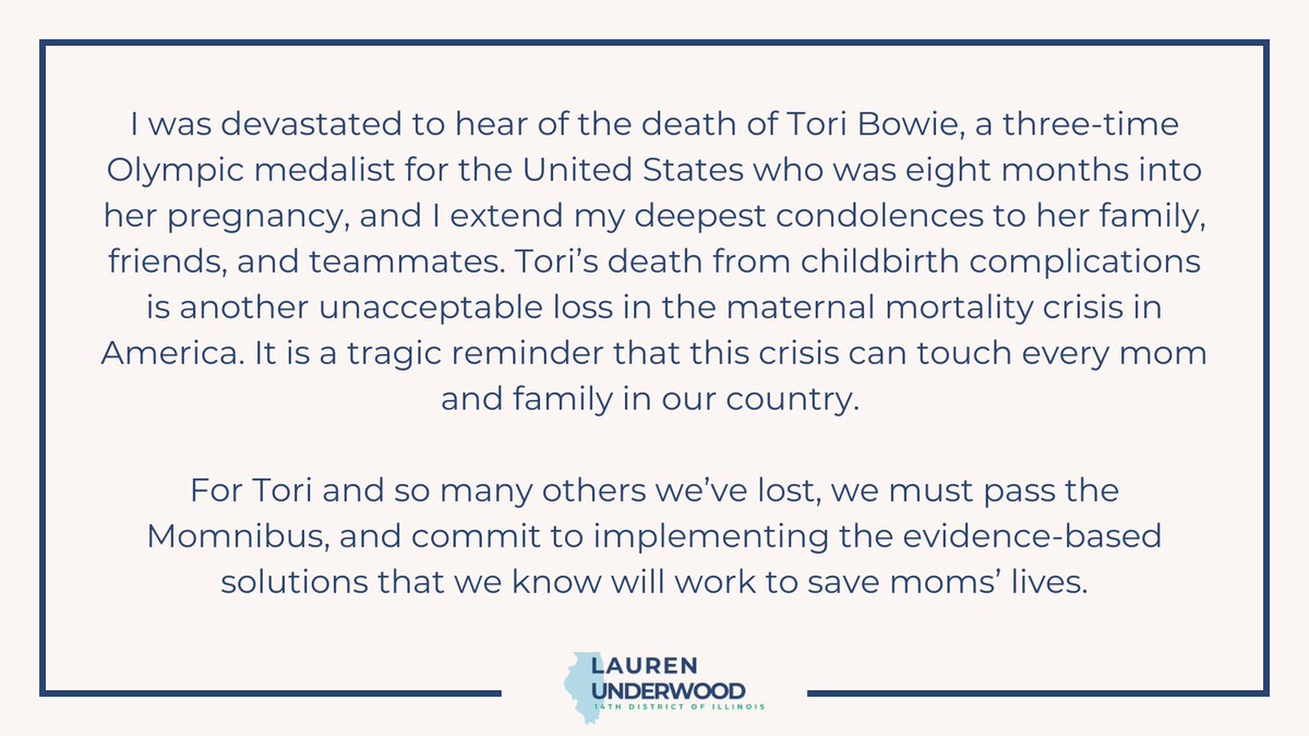 My statement on the tragic passing of Tori Bowie, and the urgent need to pass comprehensive, evidence-based solutions—like the Momnibus—that will save lives: