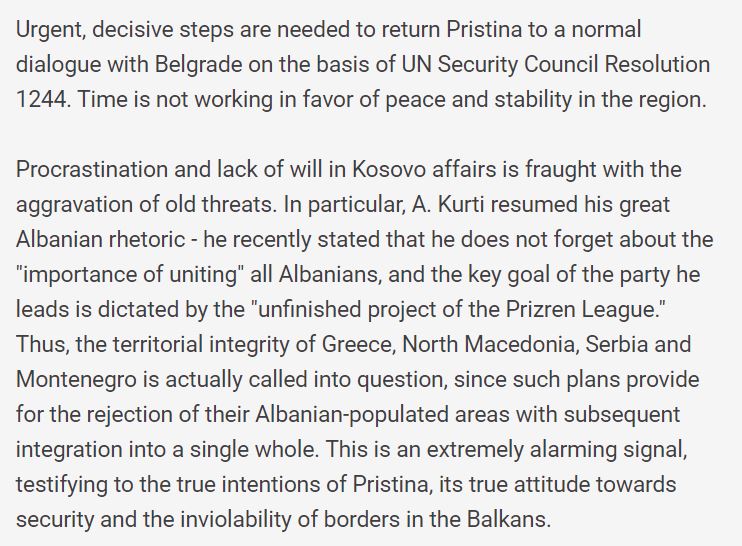 MFA Russia, Maria Zakharova on the recent events in #Kosovo:

The tactics of the Kosovo Albanian radicals are not changing. The sponsors of the 'Kosovo project' the US & EU are unable or unwilling to curb the Pristina extremists. Kurti resumed his Great-Albanian rhetoric.

👇👇👇