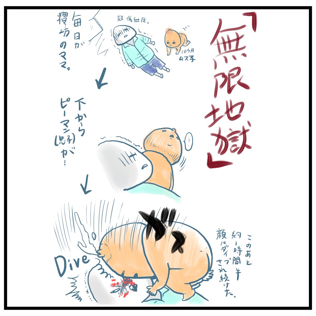 再掲/頭突きのクオリティがこのあとどんどん上がり、半回転ジャンプ頭突きにより母の顎はずれました。病院行きました。息子の野性が止まらない！#育児絵日記 https://t.co/kGlsqxUhoi