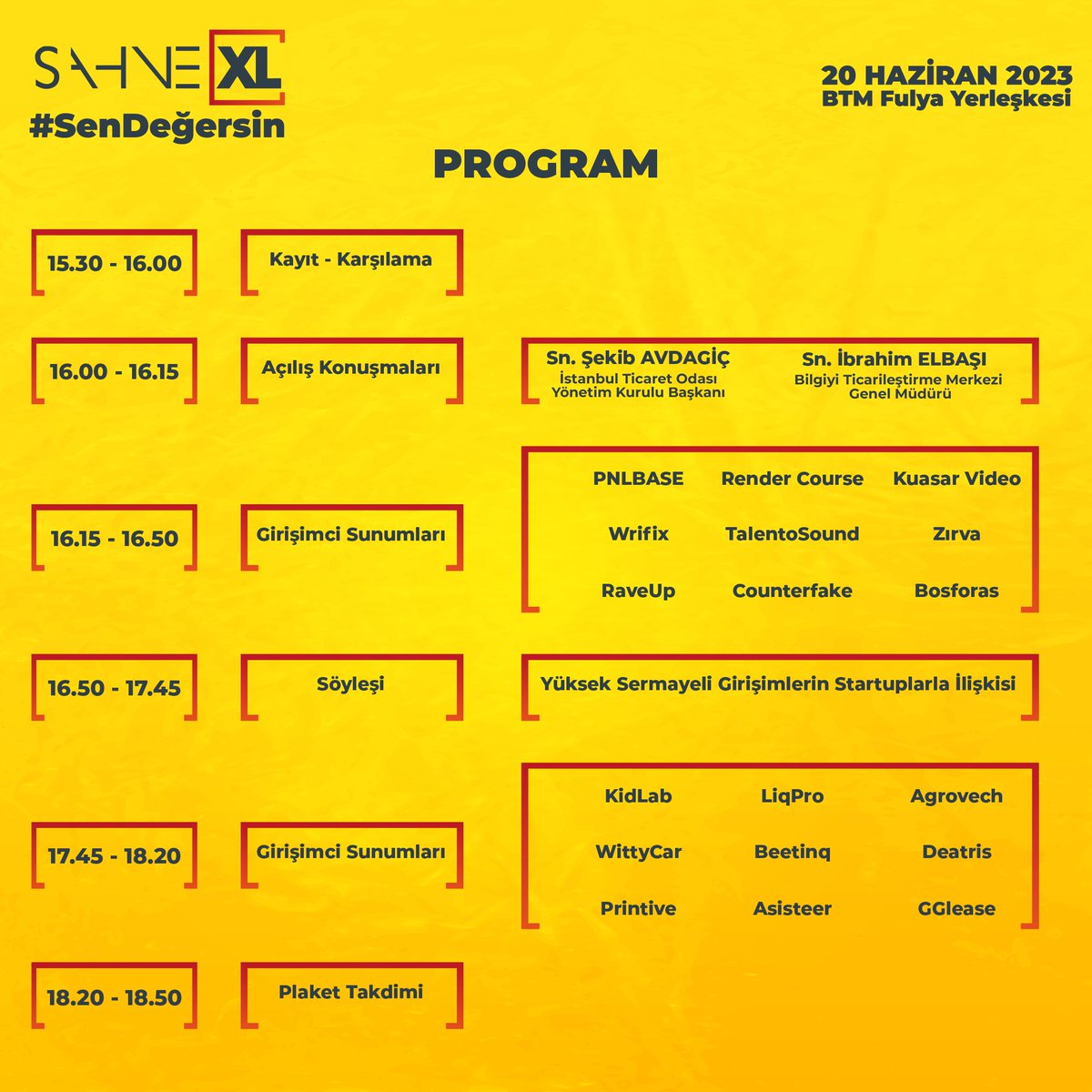 Girişimcilik ekosisteminin merakla beklenen etkinliği Sahne XL, 20 Haziran’da BTM Fulya Yerleşkesi’nde!
Peki bu yıl Sahne XL’da neler var? 👉🏻 Birbirinden ilgi çekici söyleşiler, sürpriz konuşmacılar, girişimci stantları, deneyim alanları ve çok daha fazlası!🤩
Hemen kayıt olun,