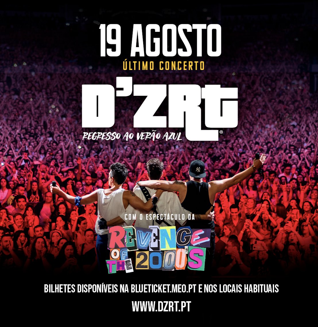 19 AGOSTO último concerto da Encore Tour! Com espetáculo da #revengeofthe2000 no Estádio Algarve.  #veraoazul #regressoaoveraoazul #dzrt2023 #estadioalgarve #meoblueticket Bilhetes aqui: blueticket.meo.pt/Event/7460/
