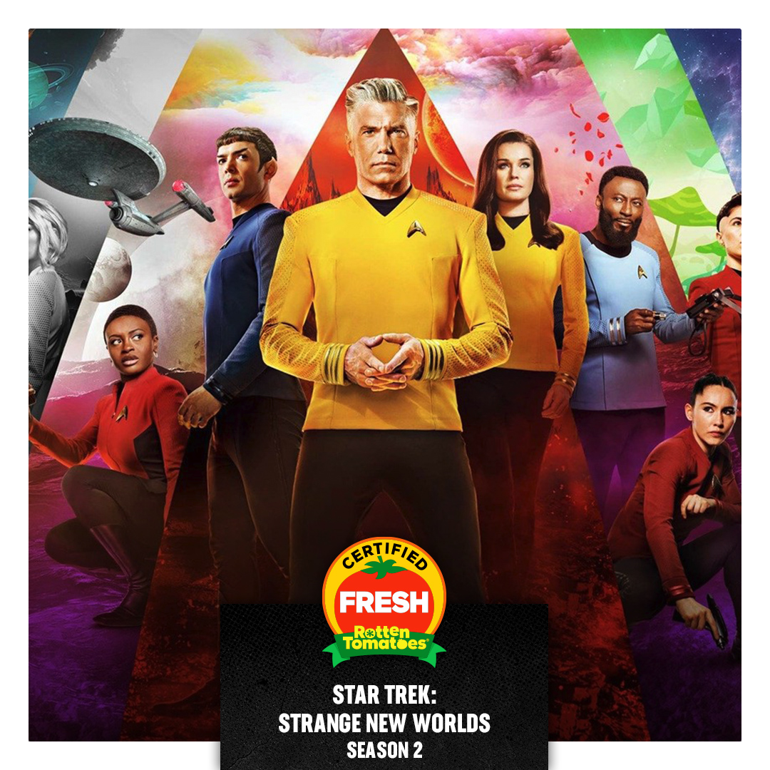 RottenTomatoes's tweet photo. Star Trek: #StrangeNewWorlds Season 2 is now Certified Fresh at 95% on the Tomatometer, with 22 reviews: https://t.co/Zn4jAIPD00 https://t.co/TMJVSeLkLk