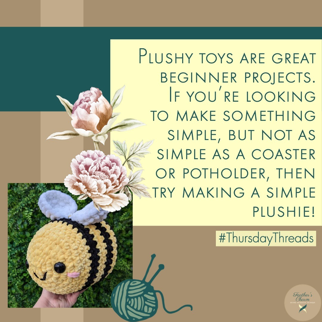 Plushies are a great alternative to coasters and potholders, for beginners. If you want to try something different, try making plushies! They're great for kids, and they're not too hard to make!

#Featherscharm #BlogPost #Blog #Crochet #Knitting #ArtsAndCrafts #CrochetToys