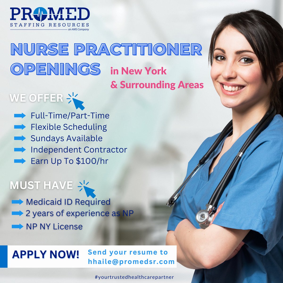 Enjoy flexible scheduling and generous pay up to $100/hour! Reach out to Hemeden Haile at hhaile@promedsr.com

#nursepractitioner #maximus #promedsr #nursepractitionerjobs #nursepractitionersinyc #newyorknursepractitioners #practitionerorder #newyorkjobs #hiringinewyork