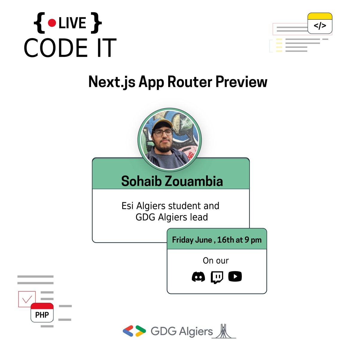 GDG_Algiers's tweet image. Our serie is on fire, This friday 16th june at 9pm with our lead "@ZouambiaS", in new pratical titled "Next.js App Router Preview".
#livecode #code_it #gdg #gdg_algiers