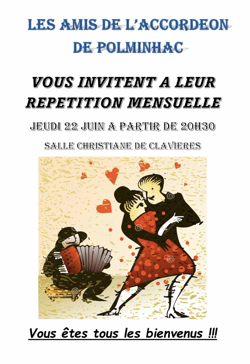 Les <a href="/AmisAccordeon/">Les amis de l’accordéon Polminhac</a> vous attendent nombreux pour partager un moment convivial autour de danses traditionnelles😉👍