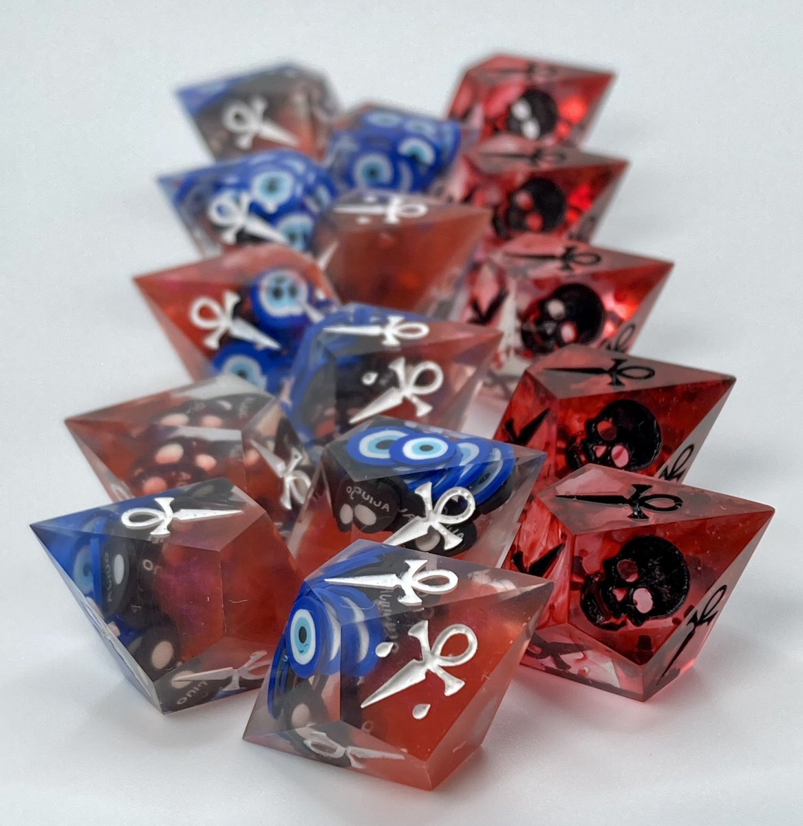 Made for my PC’s sire Lar Chevaux, played by <a href="/Nola_Fanger/">Dj_Toreador🏳️‍🌈🎧🦇🌹🌹</a> . Celia’s spooky Uncle rolls dice with lil planchettes and evil eyes. Next episode of <a href="/MartletGames/">Martlet Games</a> #HERcata all Hecata game tonight. #ttrpg #actualplay #vamily #dice