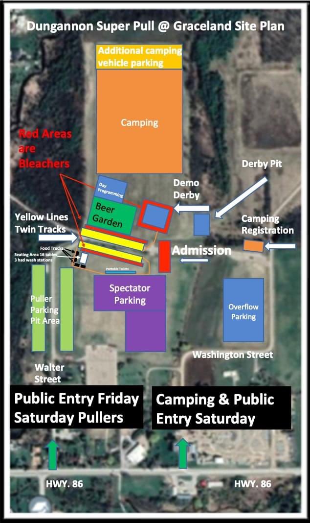 Dgsuperpull's tweet photo. Dungannon #SuperPull kicks off tomorrow with the Demolition Derby

Attached is a map of our new festival grounds for our 2023 event

Friday night spectators please enter through Walter St entrance. Saturday spectators will enter through camping entrance on Washington St https://t.co/12JZy1DNXu