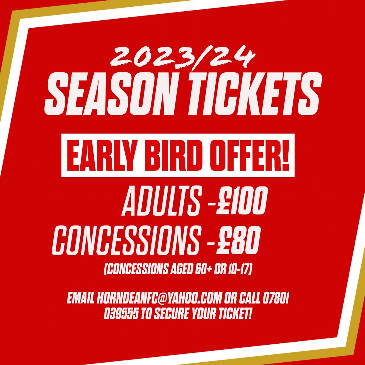 🎟️ 𝙂𝙀𝙏 𝘽𝙀𝙃𝙄𝙉𝘿 𝙏𝙃𝙀 𝘿𝙀𝘼𝙉𝙎!

Take advantage of our early bird offer and secure your season ticket for the 2023/24 Season!

Head over to our website for more info👇🏻
horndeanfc.co.uk/news/2023-24-e…

#UpTheDeans