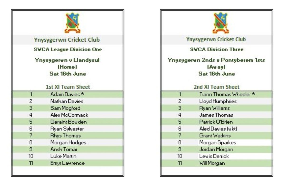 This Saturday our first team welcome @CCLlandysul to the club while our second team travel to @PontyberemCC .

Squads below 👇 💚💛💚💛
